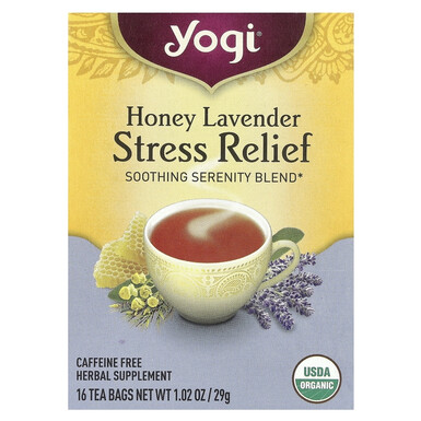 YOGI TEA, Успокаивающий чай «Honey Lavender Stress Relief» (Мёд и Лаванда), без кофеина, органический, 16 пакетиков, 29 г