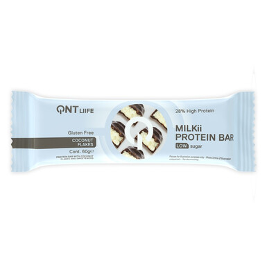 QNT, Milkii Protein Bar Coconut Flakes – протеиновый батончик с кокосовой стружкой, покрытый молочным шоколадом, 60 г
